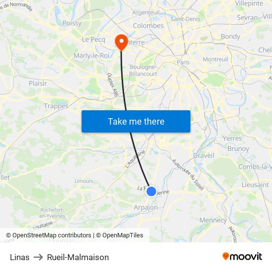 Linas to Rueil-Malmaison map