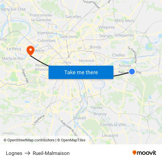 Lognes to Rueil-Malmaison map