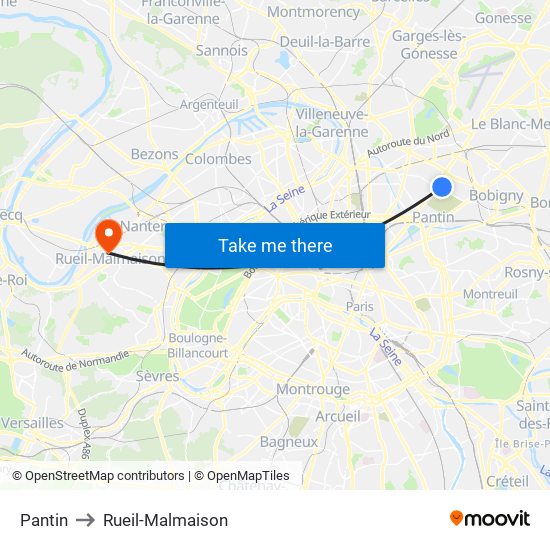 Pantin to Rueil-Malmaison map