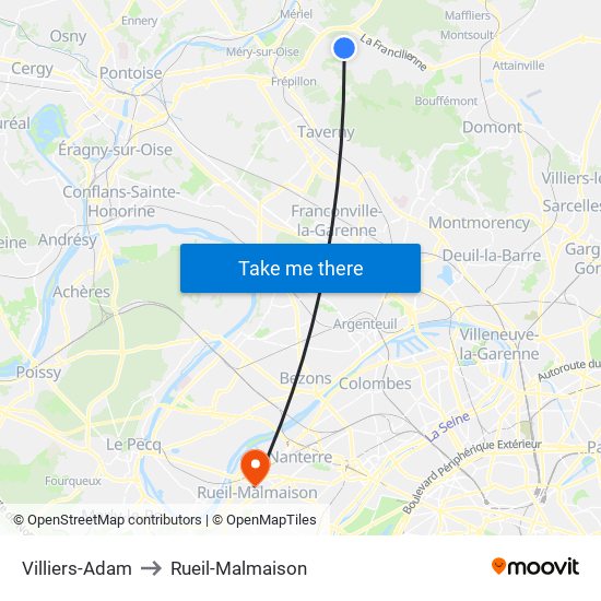 Villiers-Adam to Rueil-Malmaison map