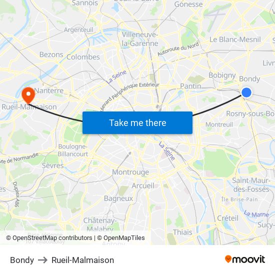 Bondy to Rueil-Malmaison map