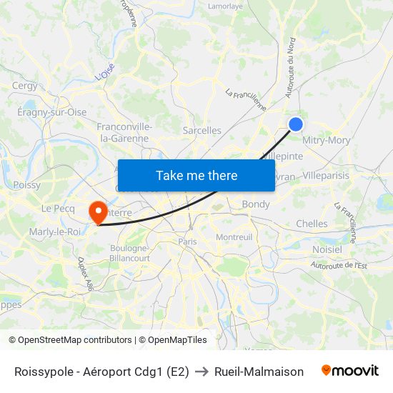 Roissypole - Aéroport Cdg1 (E2) to Rueil-Malmaison map