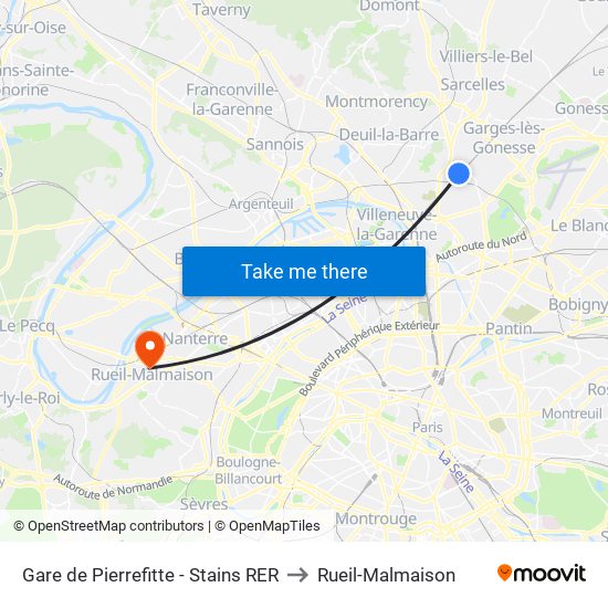 Gare de Pierrefitte - Stains RER to Rueil-Malmaison map