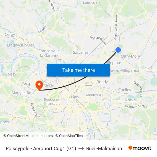Roissypole - Aéroport Cdg1 (G1) to Rueil-Malmaison map