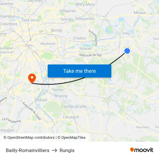 Bailly-Romainvilliers to Rungis map