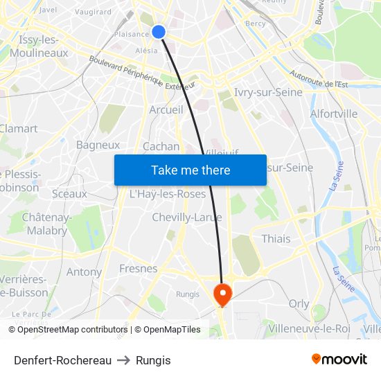 Denfert-Rochereau to Rungis map