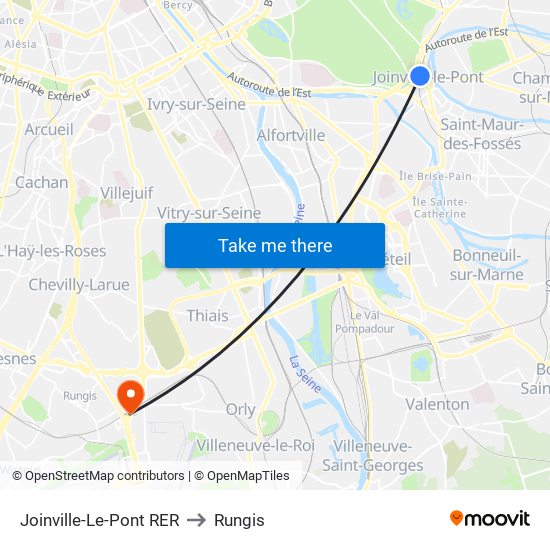 Joinville-Le-Pont RER to Rungis map