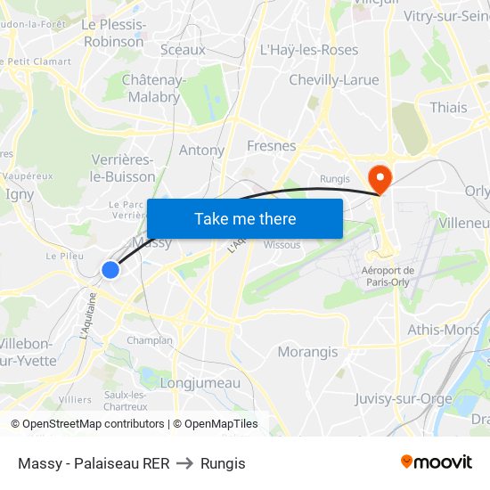 Massy - Palaiseau RER to Rungis map