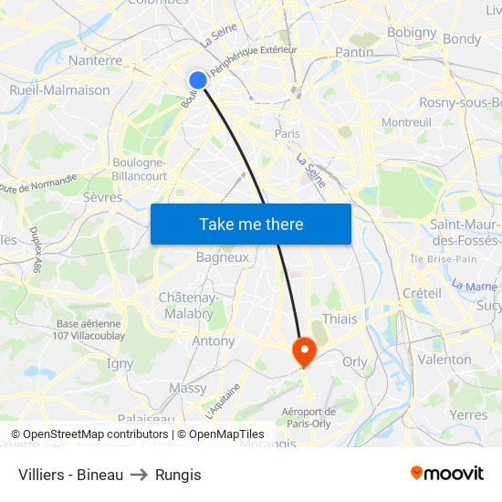 Villiers - Bineau to Rungis map