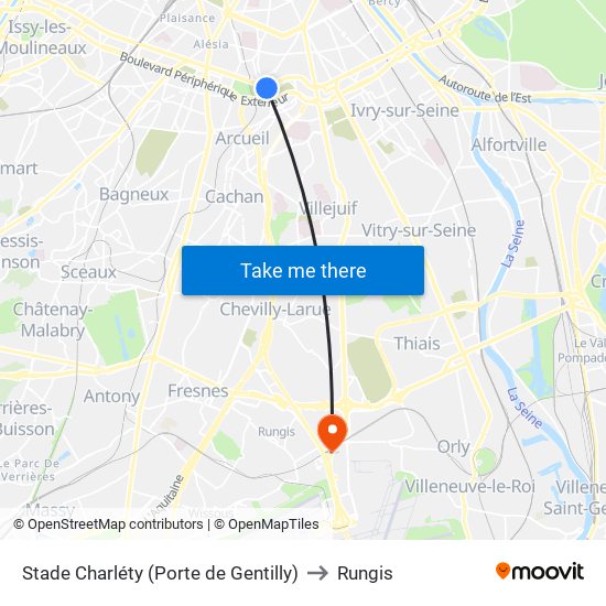 Stade Charléty (Porte de Gentilly) to Rungis map