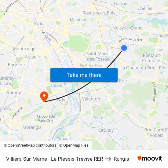 Villiers-Sur-Marne - Le Plessis-Trévise RER to Rungis map