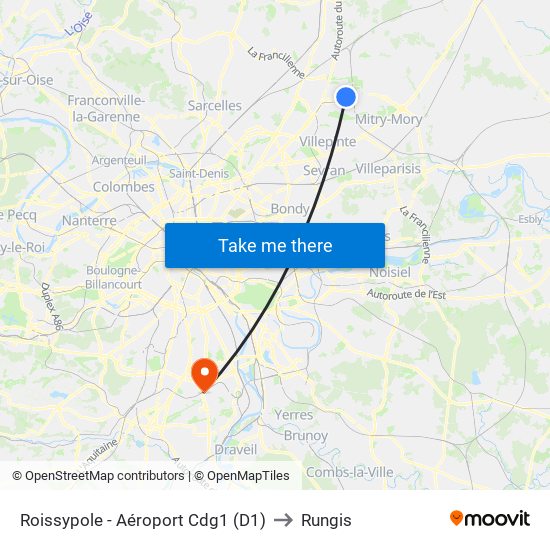 Roissypole - Aéroport Cdg1 (D1) to Rungis map
