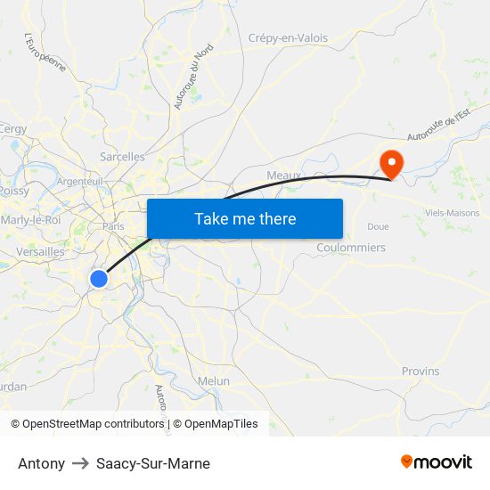 Antony to Saacy-Sur-Marne map