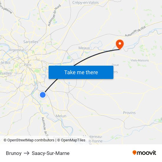 Brunoy to Saacy-Sur-Marne map