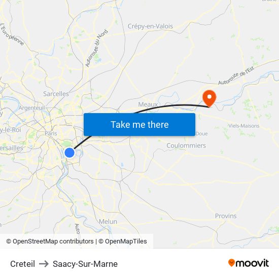 Creteil to Saacy-Sur-Marne map