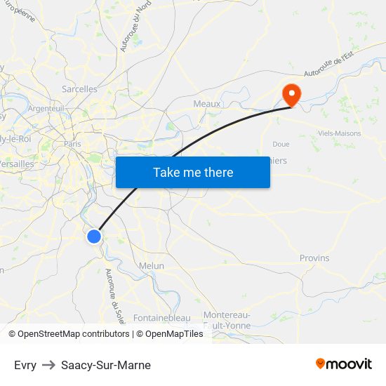 Evry to Saacy-Sur-Marne map