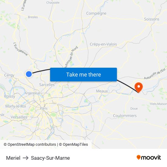 Meriel to Saacy-Sur-Marne map