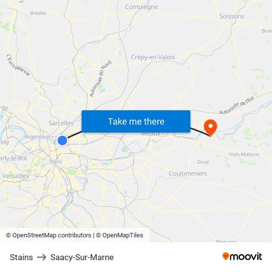 Stains to Saacy-Sur-Marne map