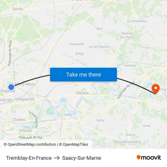 Tremblay-En-France to Saacy-Sur-Marne map