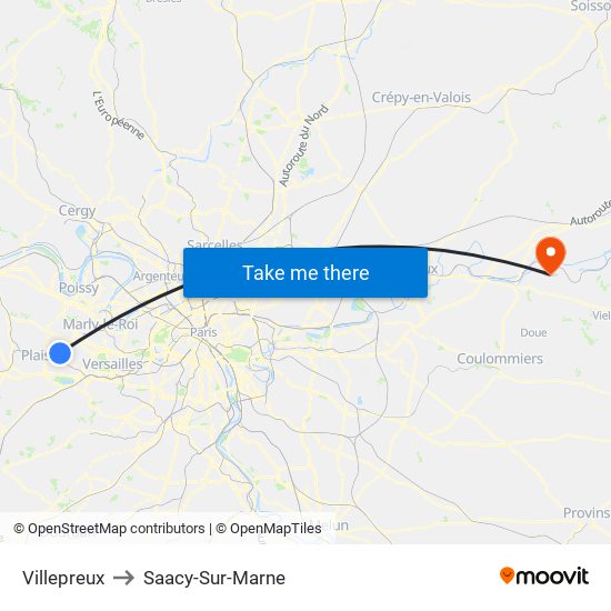 Villepreux to Saacy-Sur-Marne map