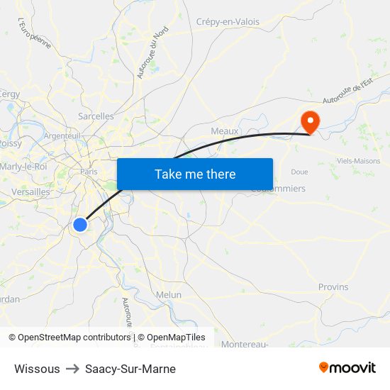 Wissous to Saacy-Sur-Marne map