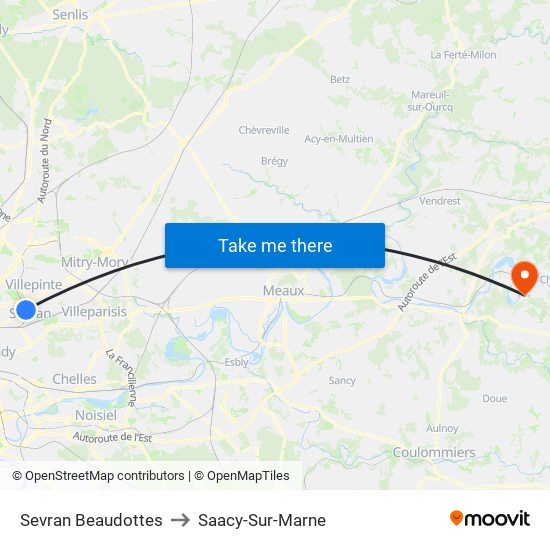 Sevran Beaudottes to Saacy-Sur-Marne map