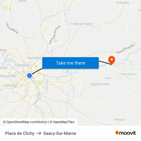 Place de Clichy to Saacy-Sur-Marne map