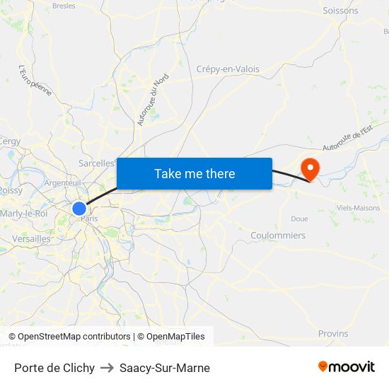 Porte de Clichy to Saacy-Sur-Marne map