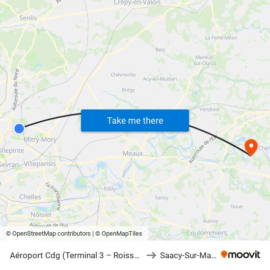 Aéroport Cdg (Terminal 3 – Roissypôle) to Saacy-Sur-Marne map