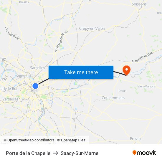 Porte de la Chapelle to Saacy-Sur-Marne map