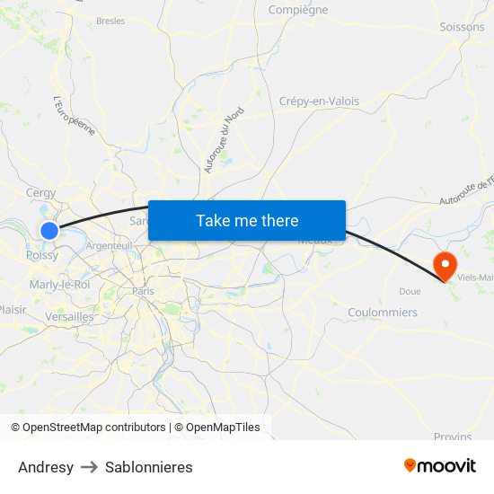 Andresy to Sablonnieres map