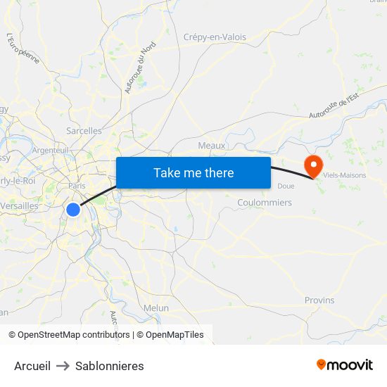 Arcueil to Sablonnieres map