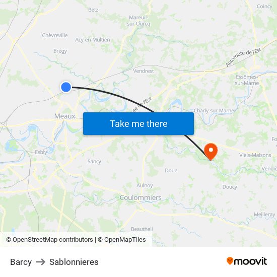Barcy to Sablonnieres map