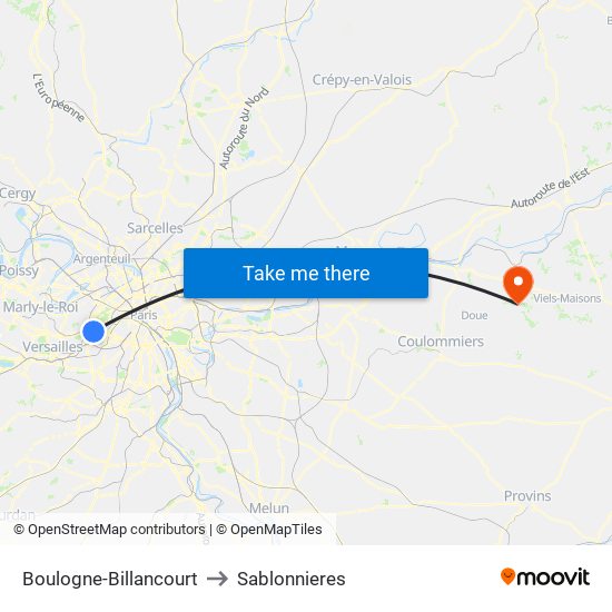 Boulogne-Billancourt to Sablonnieres map