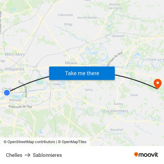 Chelles to Sablonnieres map