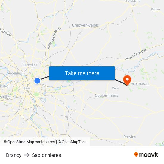 Drancy to Sablonnieres map