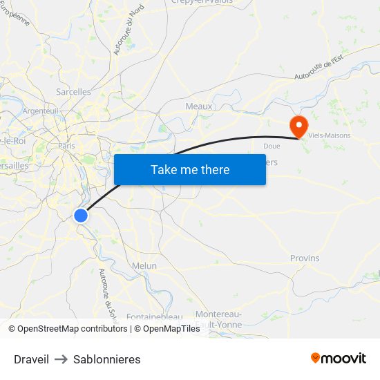 Draveil to Sablonnieres map