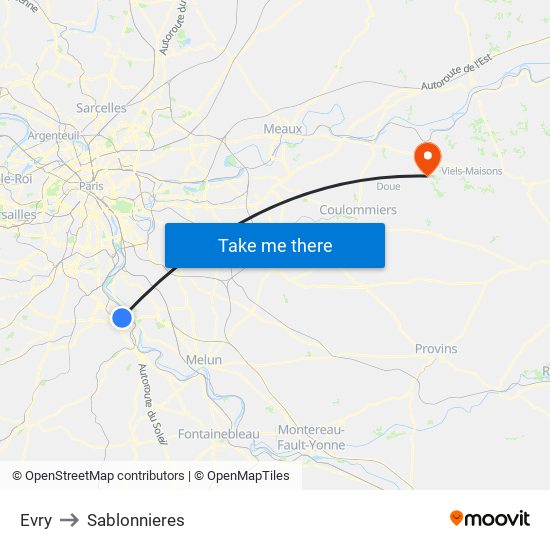 Evry to Sablonnieres map