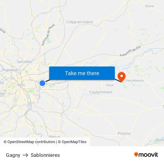 Gagny to Sablonnieres map