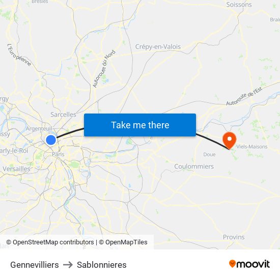 Gennevilliers to Sablonnieres map