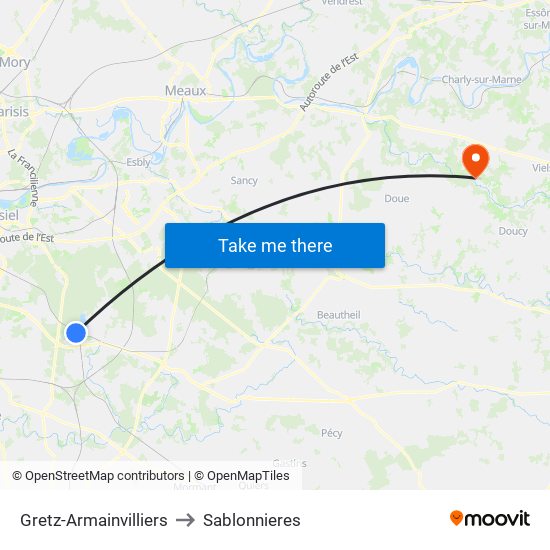 Gretz-Armainvilliers to Sablonnieres map