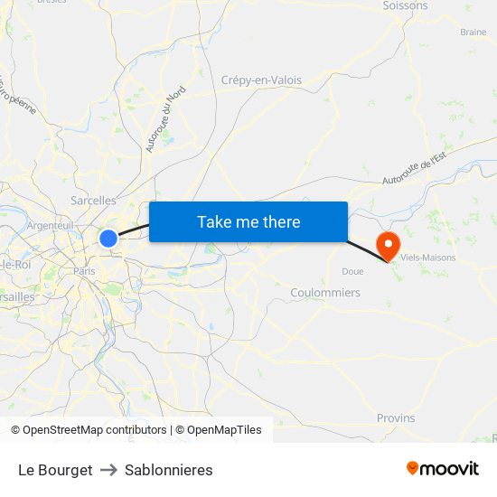 Le Bourget to Sablonnieres map