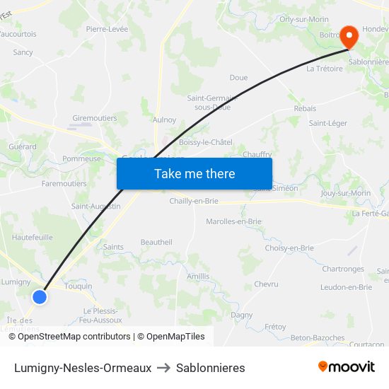 Lumigny-Nesles-Ormeaux to Sablonnieres map