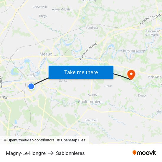 Magny-Le-Hongre to Sablonnieres map