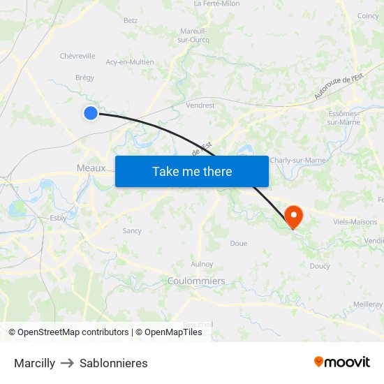 Marcilly to Sablonnieres map