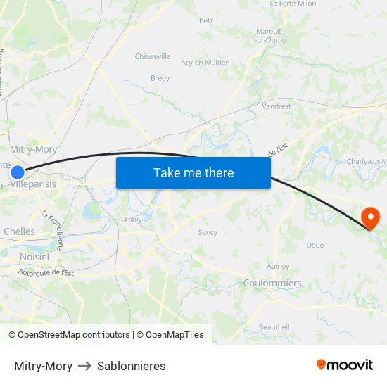 Mitry-Mory to Sablonnieres map