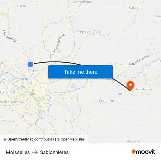 Moisselles to Sablonnieres map