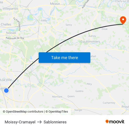 Moissy-Cramayel to Sablonnieres map