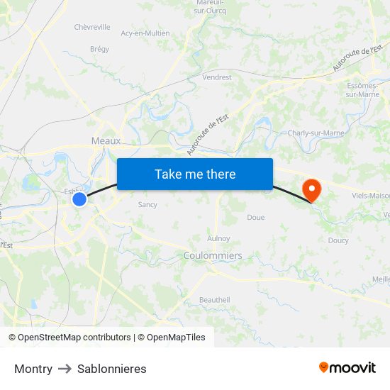 Montry to Sablonnieres map