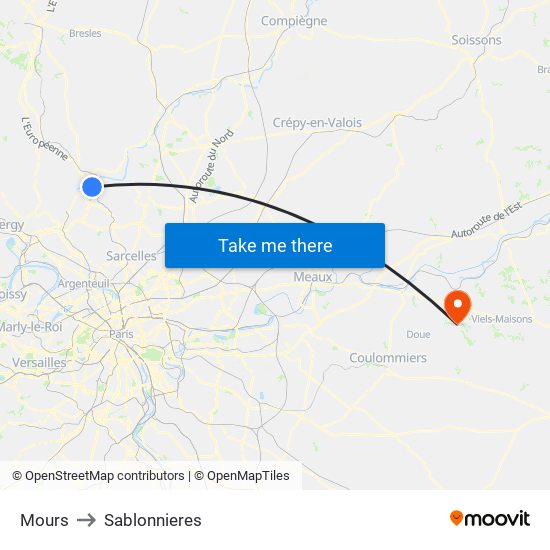 Mours to Sablonnieres map